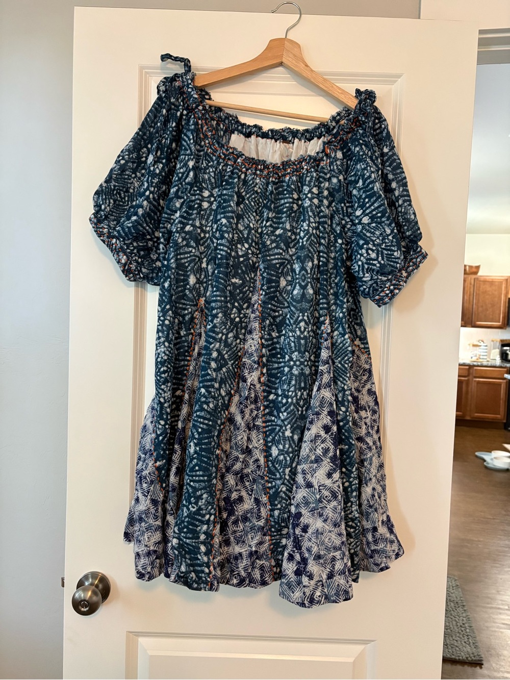 Free People Cream and Indigo Smocked Top with Orange Stitching